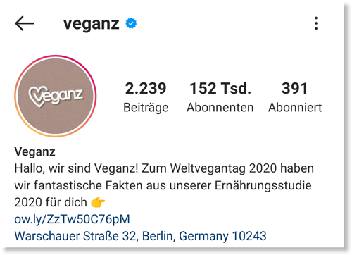 Instagram Business Profil: veganz