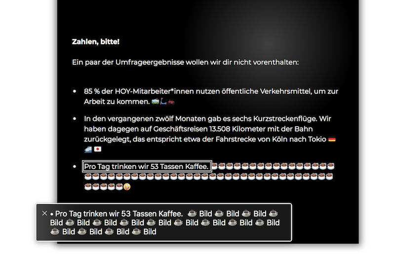 In diesem Text wurde 53 mal das Kaffeetassen-Emoji benutzt