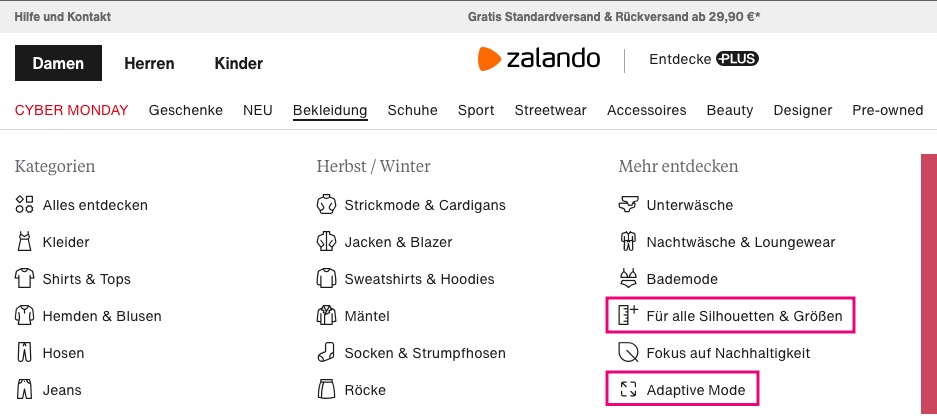 Screenshot der Zalando Kategorieseite "Bekleidung".