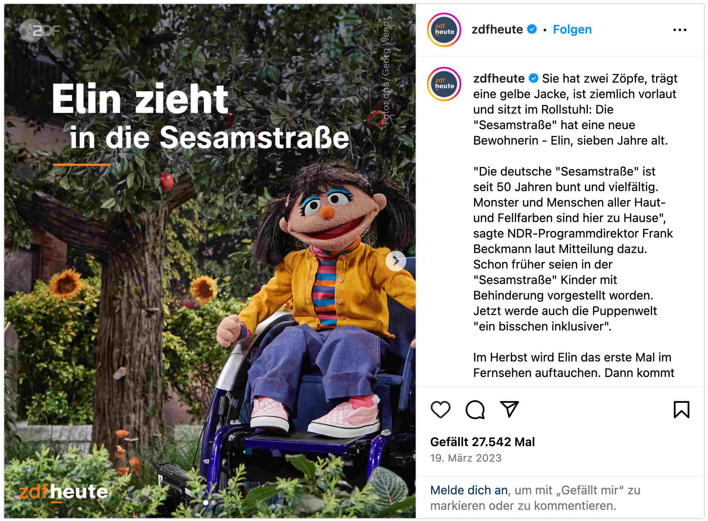 Auf dem Screenshot eines Instagrambeitrages ist Elin zu sehen. Elin ist die erste Bewohnerin der Sesamstraße, die eine Behinderung hat.